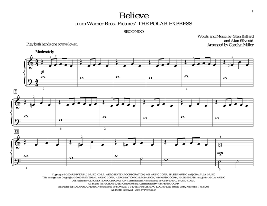 Believe (from The Polar Express) Easy Piano scores gallery preview page 1