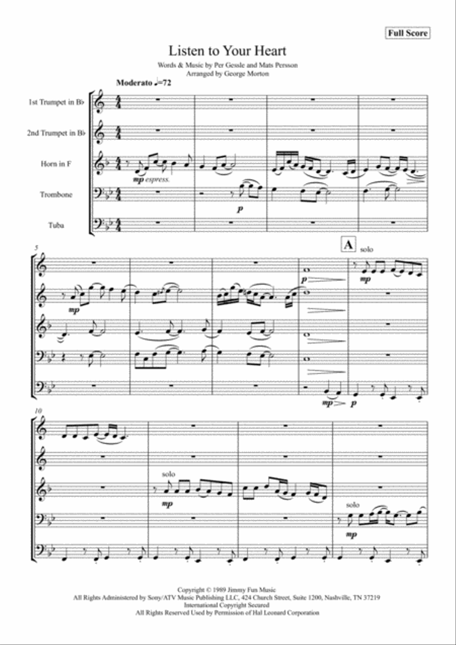 Listen To Your Heart Brass Ensemble scores gallery preview page 1