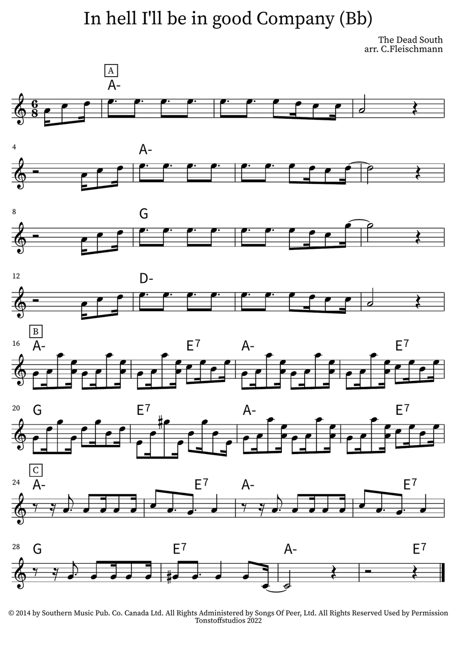 In Hell I'll Be In Good Company Piano