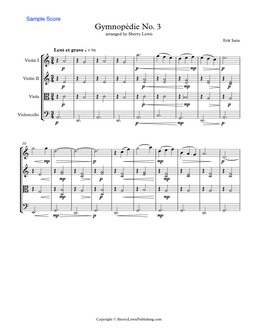 GYMNOPÉDIE NOS.1,2,3 String Quartet, Intermediate Level for 2 violins, viola and cello image number null