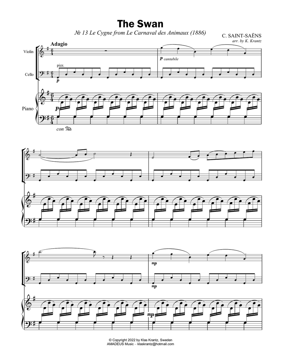 The Swan / Le cygne for easy piano trio (vln/fl, vc, pno) Piano Trio scores gallery preview page 2