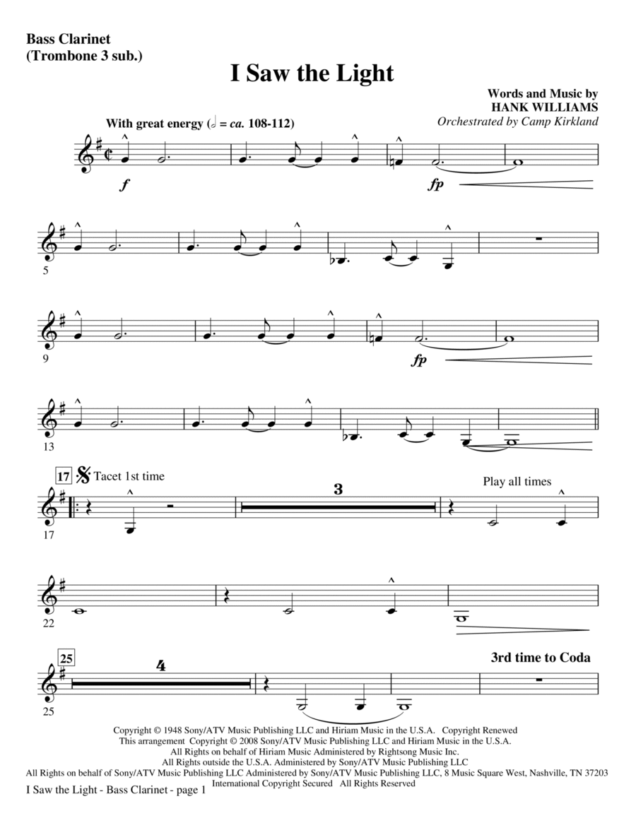 I Saw The Light - Bass Clarinet (sub. Tbn 3) Choir scores gallery preview page 1