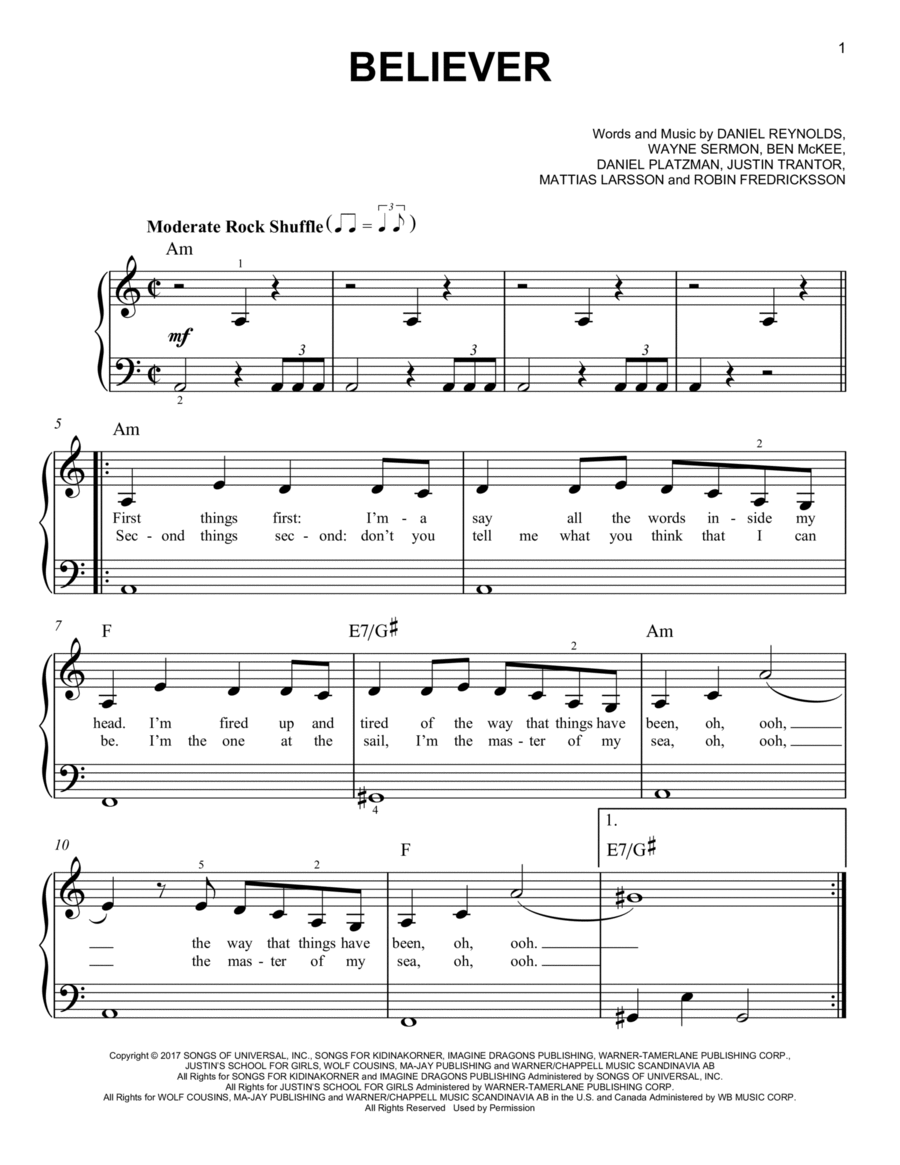 Believer Easy Piano scores gallery preview page 1