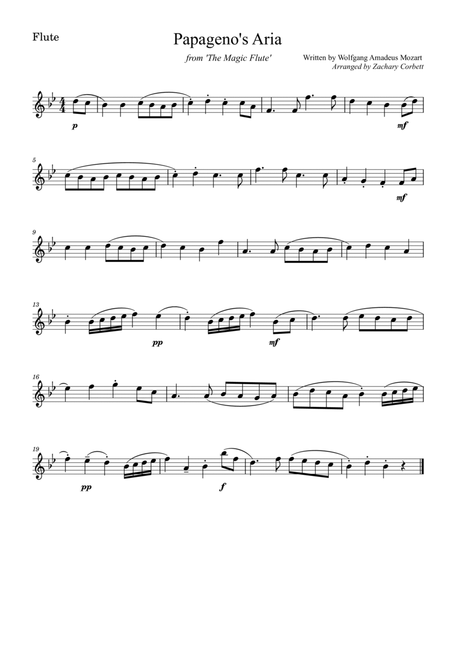 Papageno's Aria from The Magic Flute Flute Solo scores gallery preview page 1