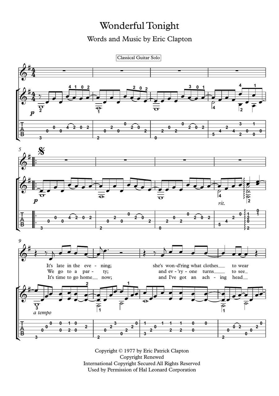Wonderful Tonight Classical Guitar scores gallery preview page 1