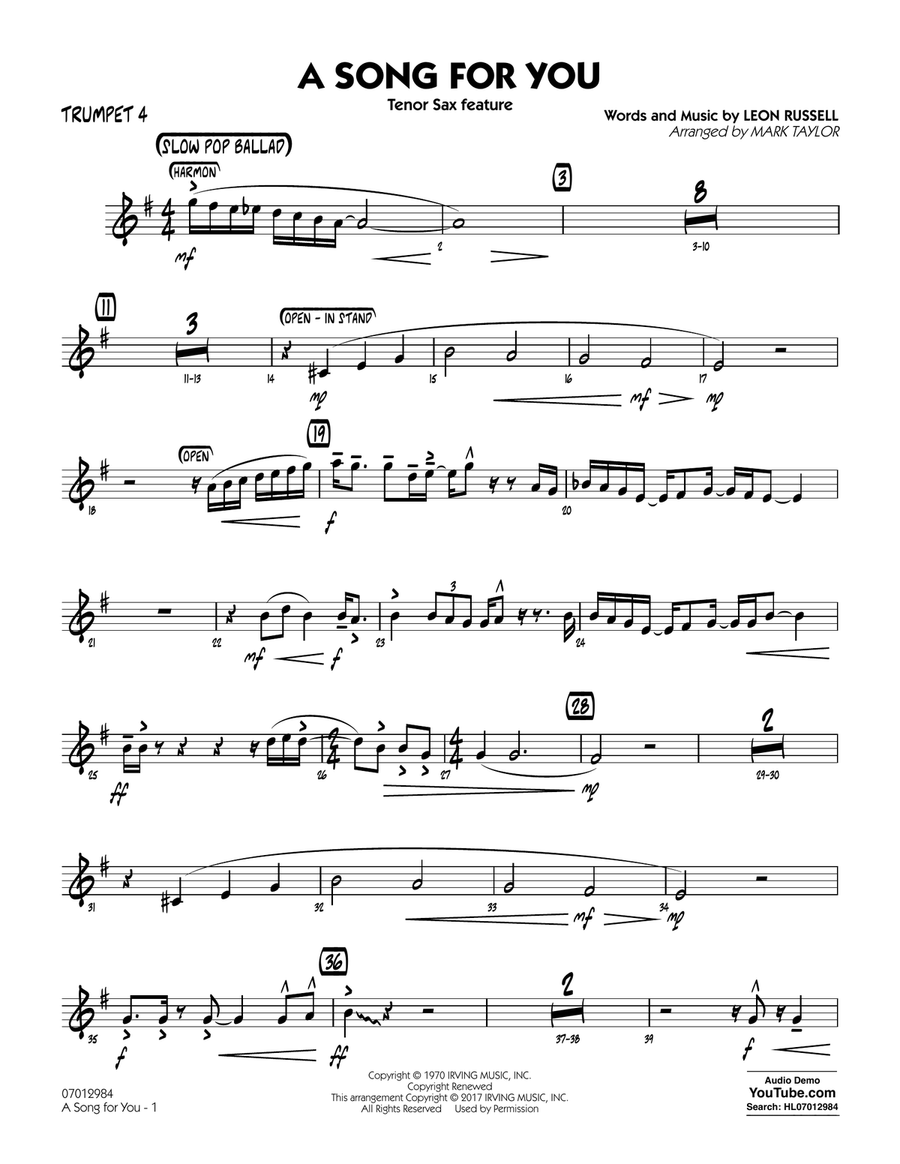 A Song for You (Tenor Sax Feature) - Trumpet 4 Jazz Ensemble scores gallery preview page 1