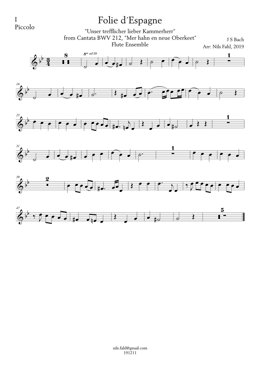 J S Bach La Folie d´Espagne - Unser trefflicher - Peasant Cantata, BWV 212. Flute Ensemble (Picc, F Woodwind Quartet scores gallery preview page 3