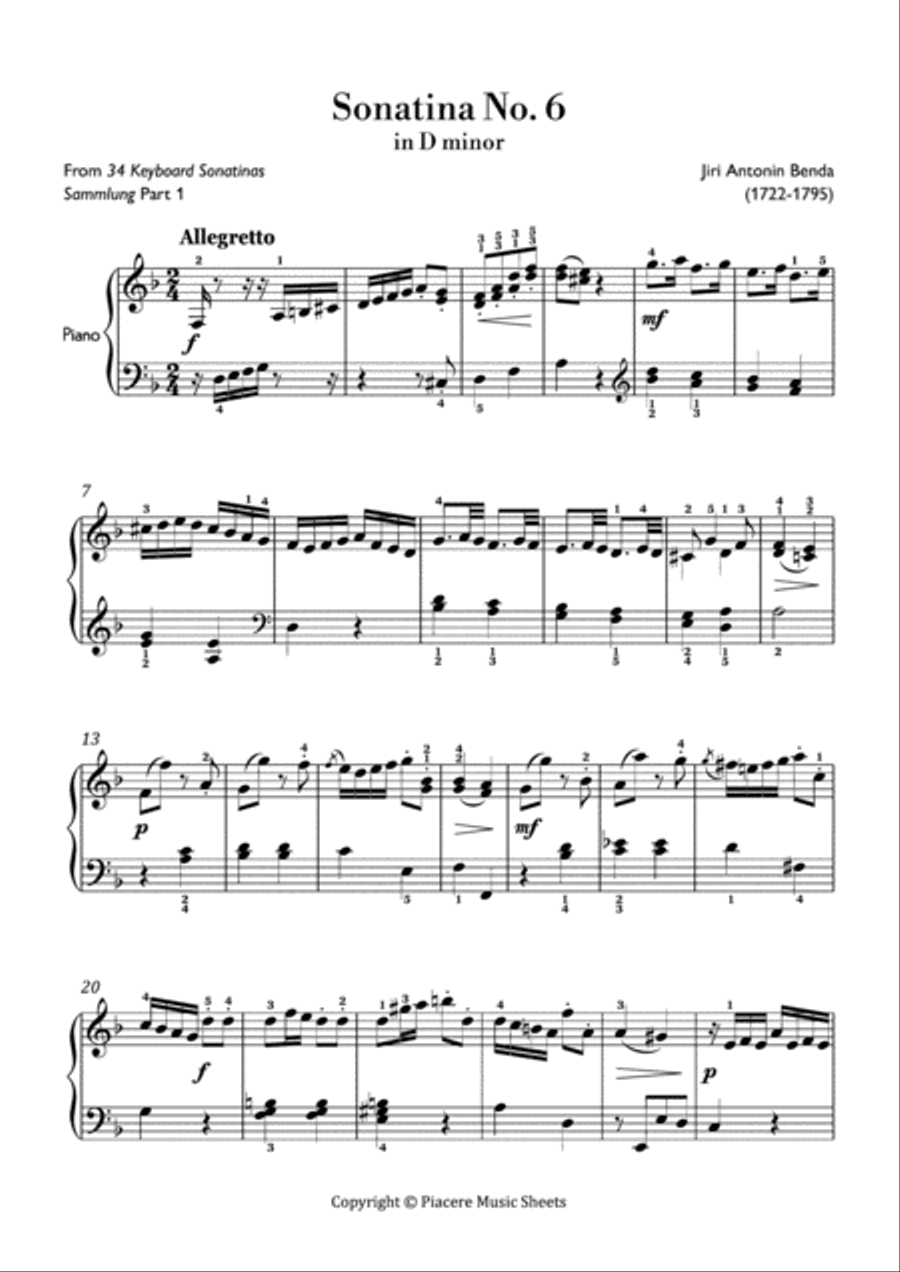 Benda - Sonatina No. 6 in D minor - Intermediate Piano Method scores gallery preview page 2