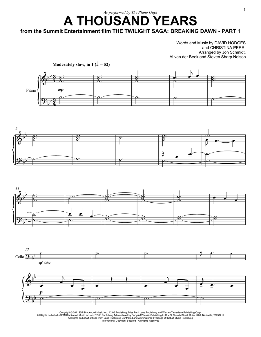 A Thousand Years Piano Solo scores gallery preview page 1