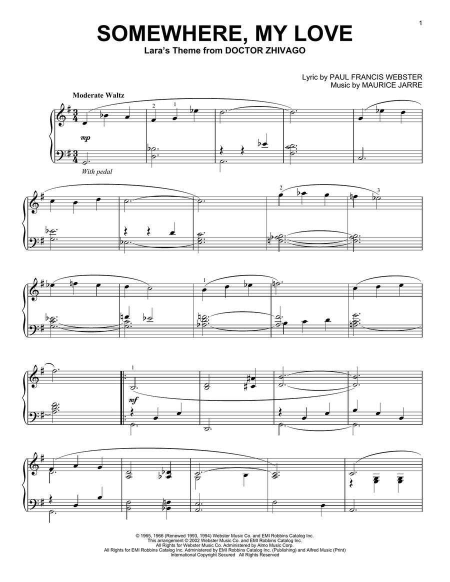 Somewhere, My Love Somewhere, My Love Piano Solo scores gallery preview page 1