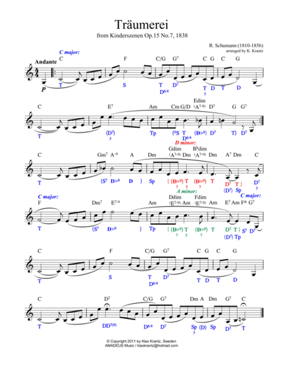 Traumerei / Dreaming - lead sheet with chords and harmonic analysis (C major)