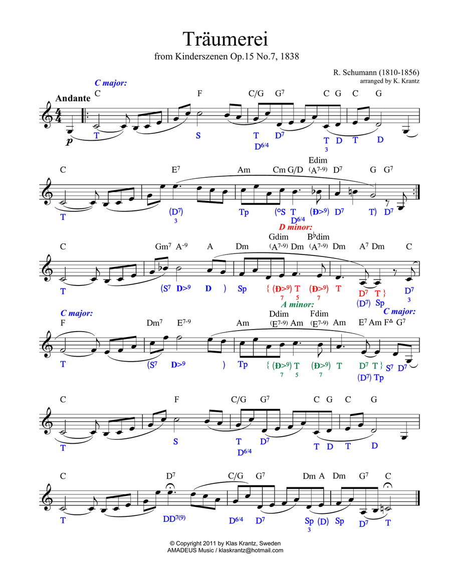 Traumerei / Dreaming - lead sheet with chords and harmonic analysis (C major) Small Ensemble scores gallery preview page 1