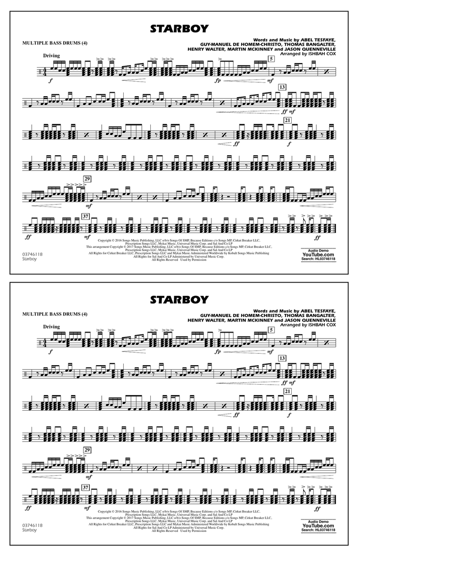 Starboy - Multiple Bass Drums Marching Band scores gallery preview page 1