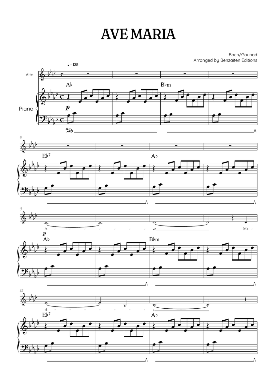 Bach / Gounod Ave Maria in A flat [Ab] • contralto sheet music with piano accompaniment and chords Alto Voice scores gallery preview page 1