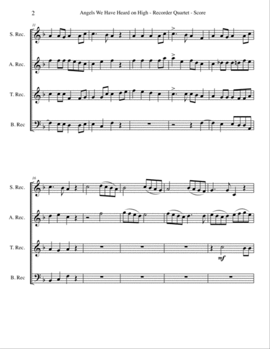Angels We Have Heard on High for Recorder Quartet Small Ensemble scores gallery preview page 2