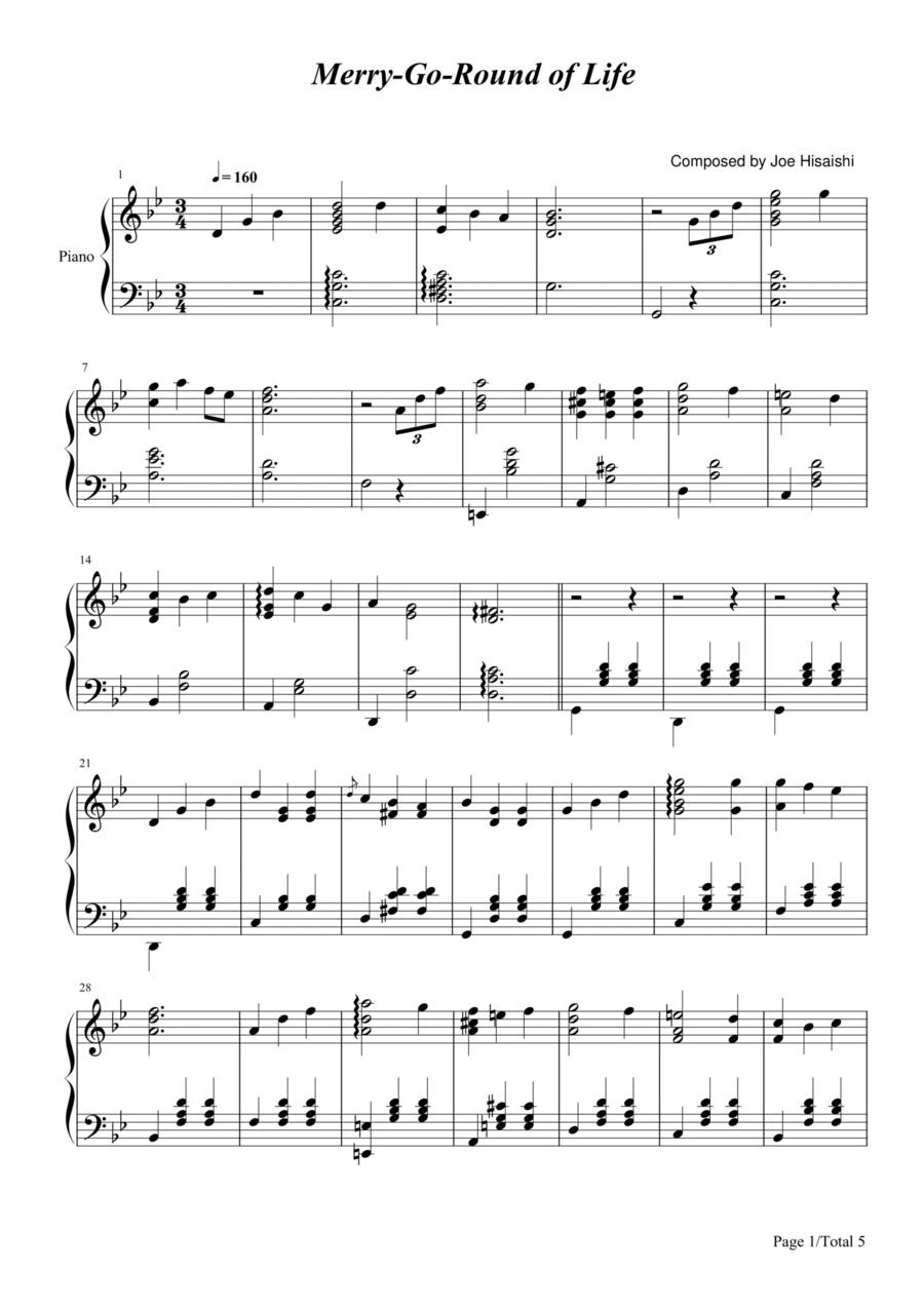 Merry-go-round Of Life Piano Solo scores gallery preview page 1