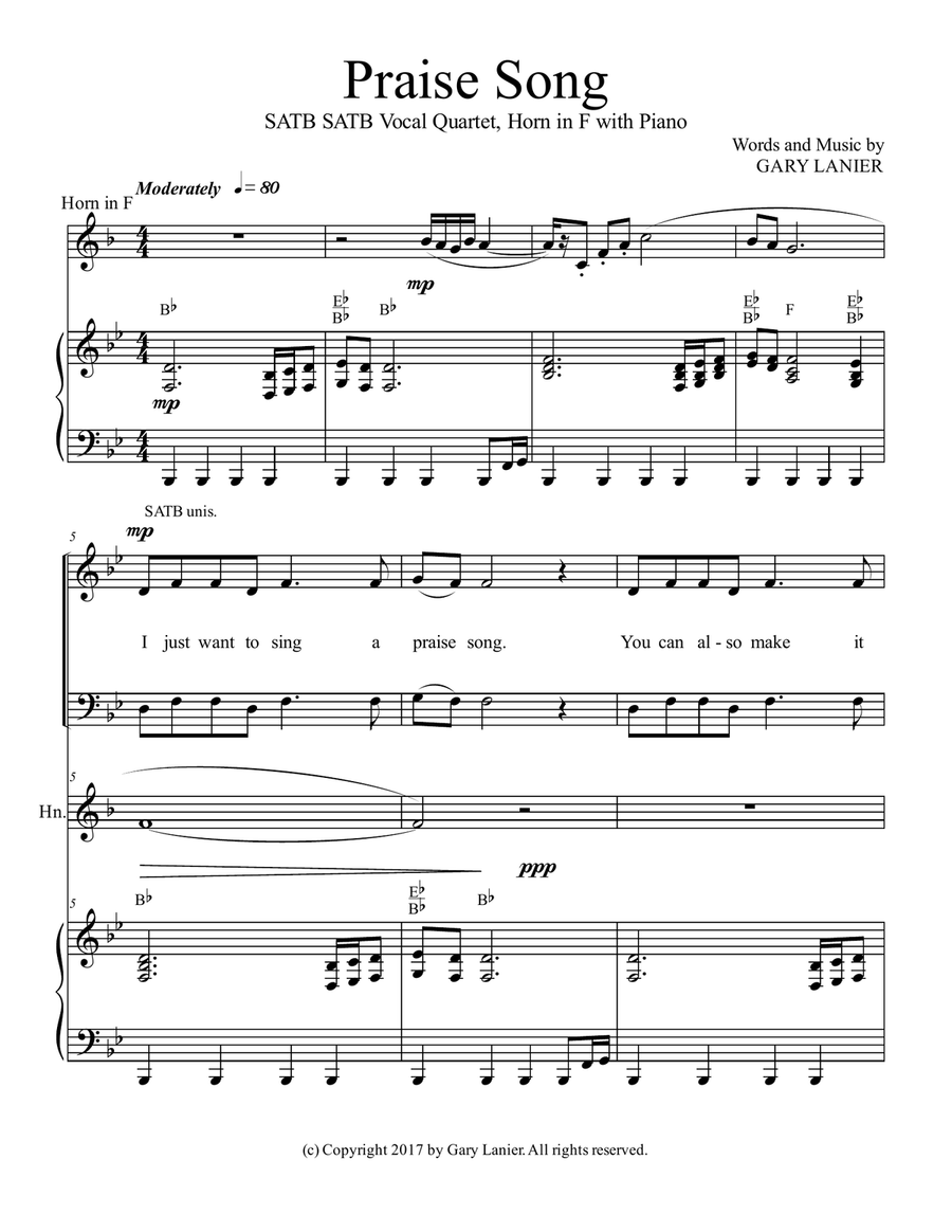 PRAISE SONG (SATB Vocal Quartet with Horn in F & Piano) 4-Part scores gallery preview page 2