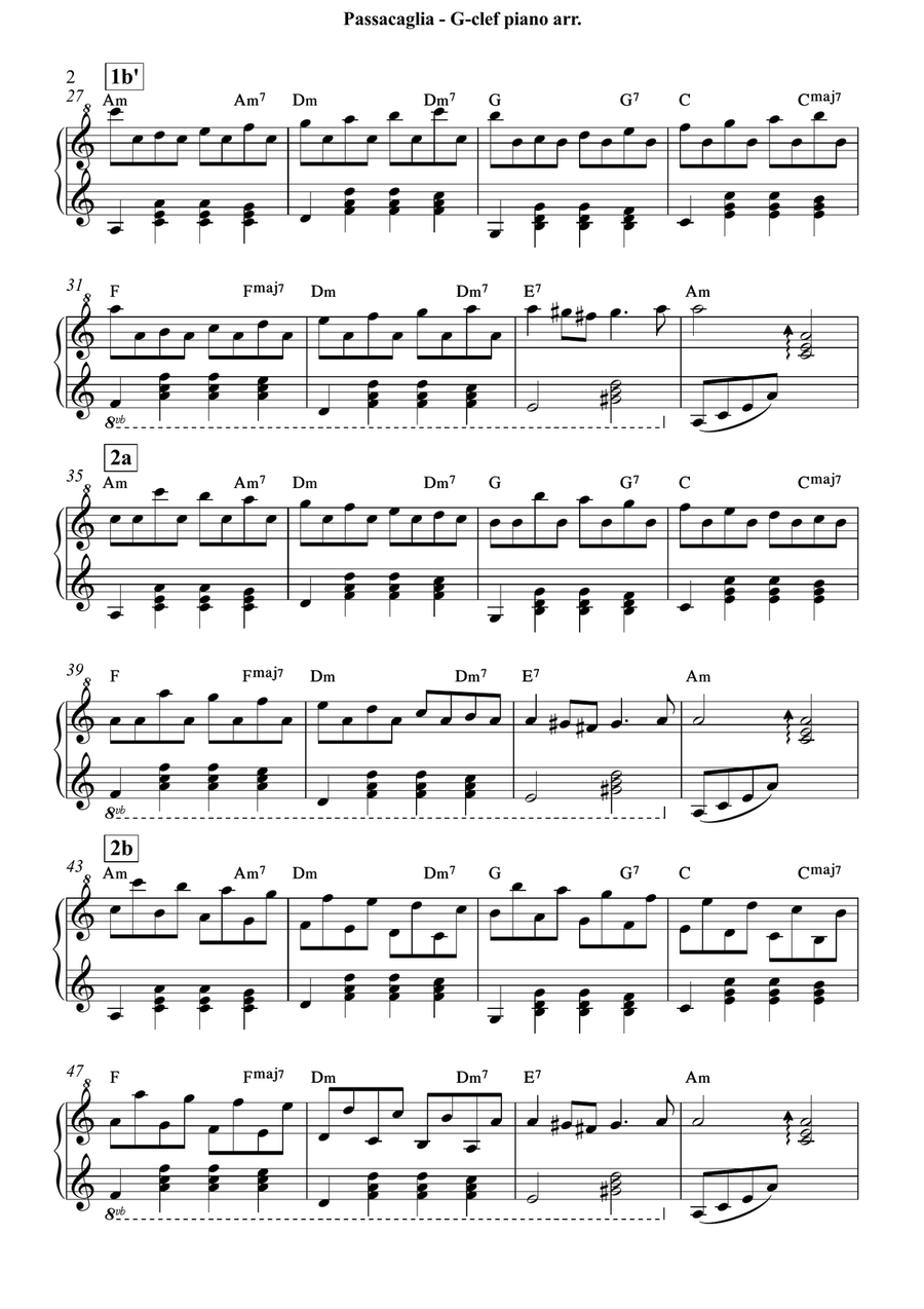 Handel-Halvorsen - Passacaglia - arrangement for easy G-clef piano/harp (GCP/GCH) including lead she Small Ensemble scores gallery preview page 2