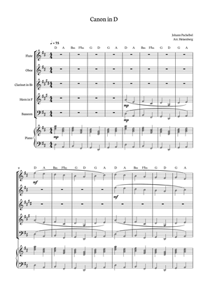 Canon in D - Johann Pachelbel for Woodwind Quintet with piano and chords.