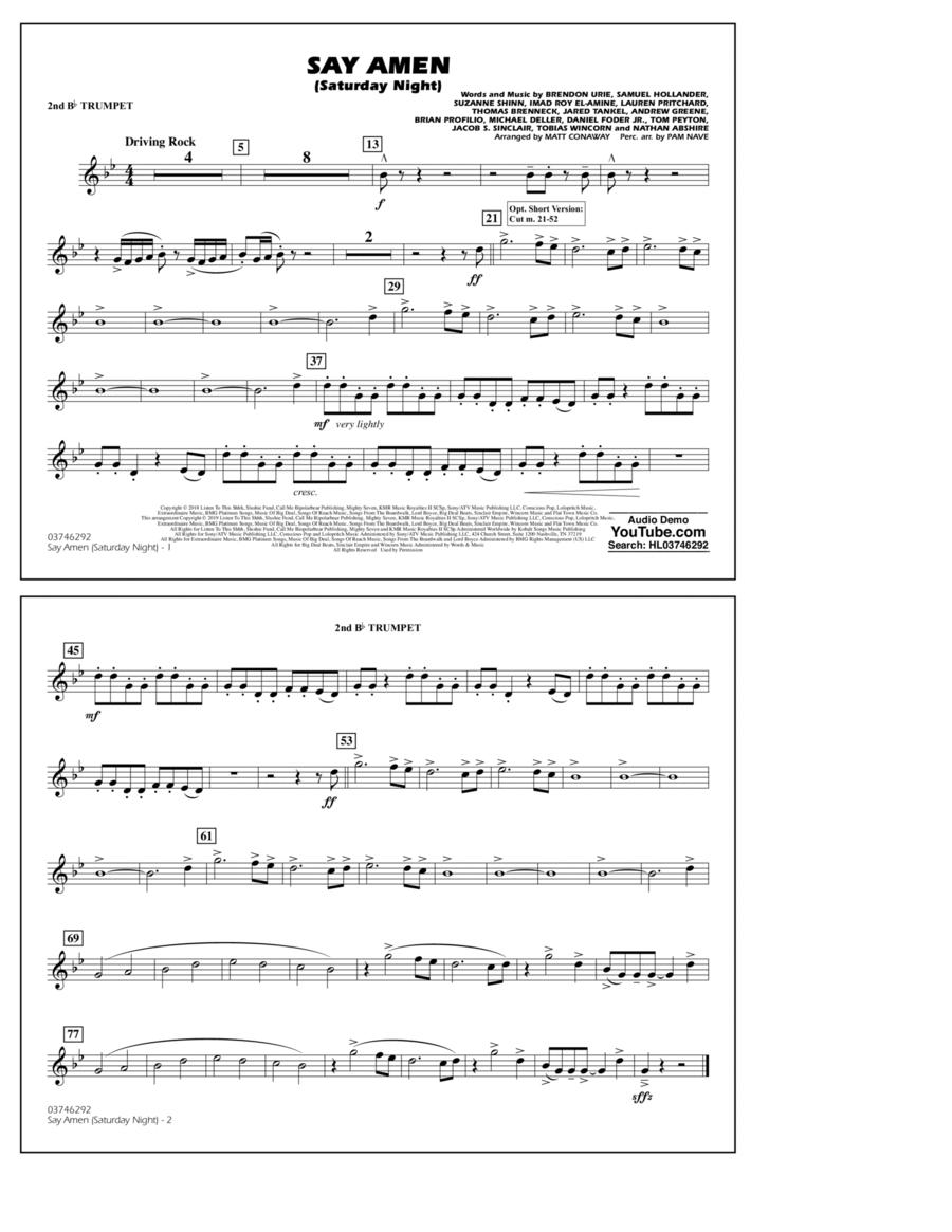 Say Amen (Saturday Night) (arr. Matt Conaway) - 2nd Bb Trumpet Marching Band scores gallery preview page 1
