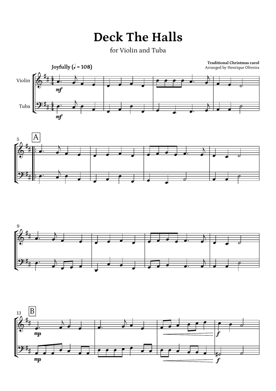 Book cover for Deck The Halls (Violin and Tuba) | Christmas Carol