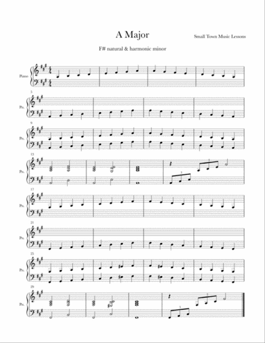 Piano Exercise Sheet = A Major & F# minor Piano Method scores gallery preview page 1