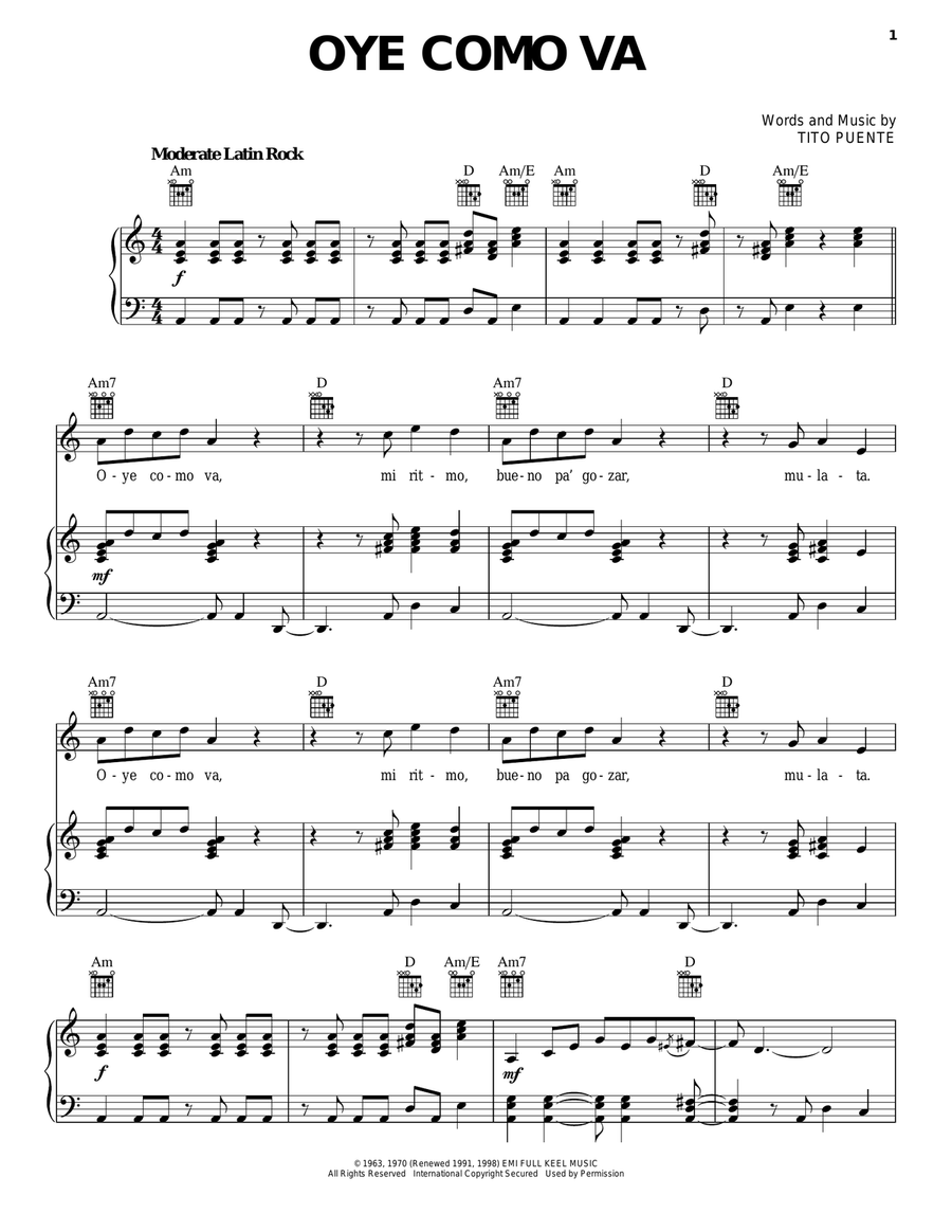 Oye Como Va Piano, Vocal, Guitar scores gallery preview page 1