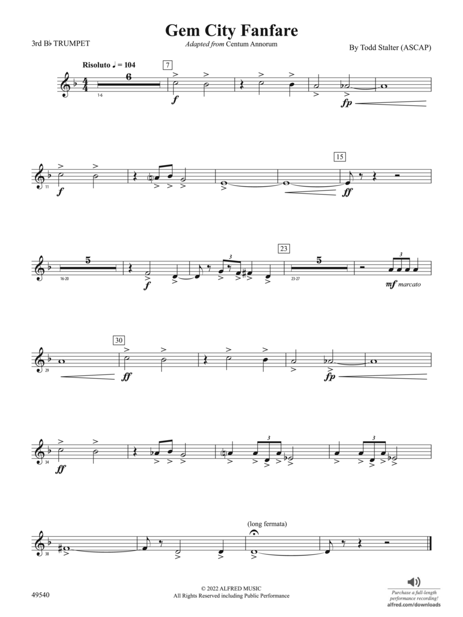 Gem City Fanfare: 3rd B-flat Trumpet Concert Band scores gallery preview page 1