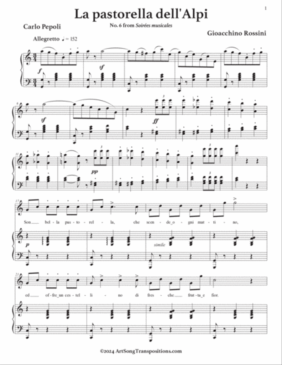 ROSSINI: La pastorella dell'Alpi (transposed to C major) Voice scores gallery preview page 2