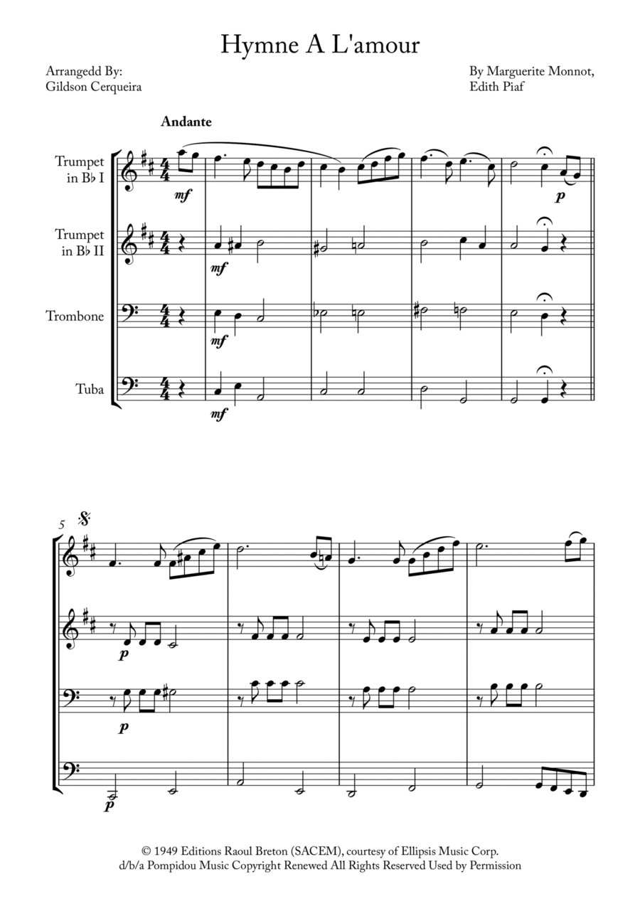 Hymne A L'amour Brass Quartet scores gallery preview page 1