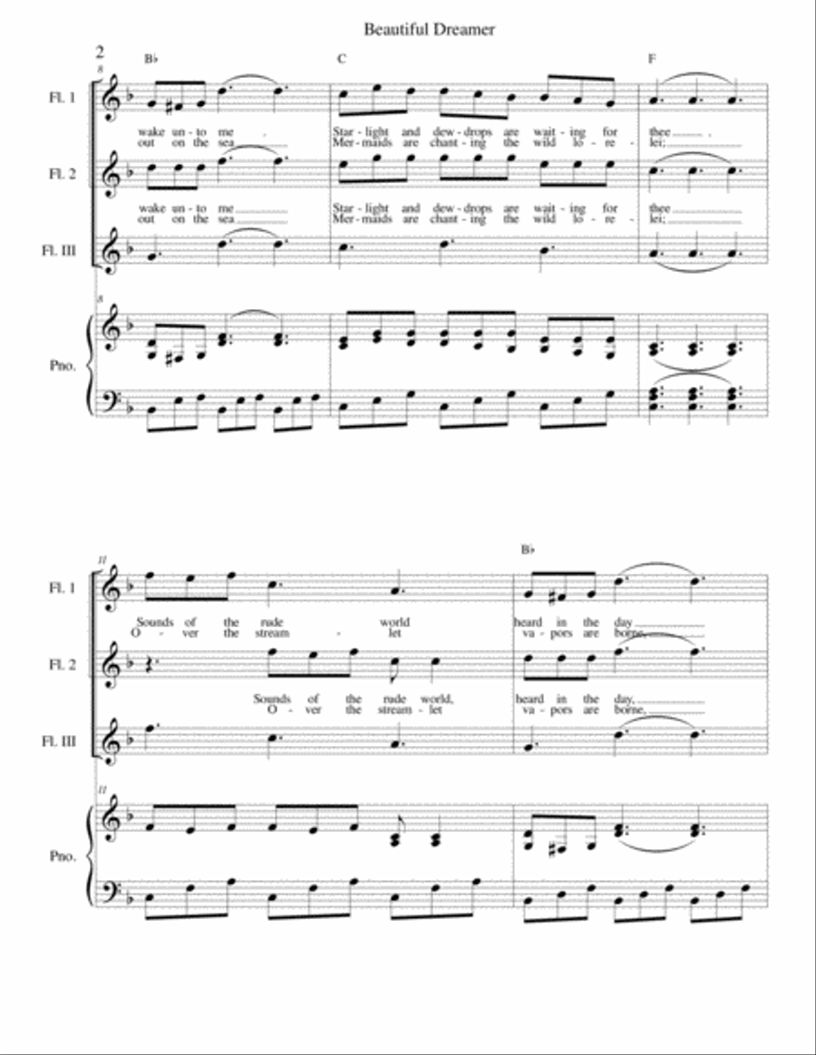 Beautiful Dreamer Key of F Flute Trio Small Ensemble scores gallery preview page 2