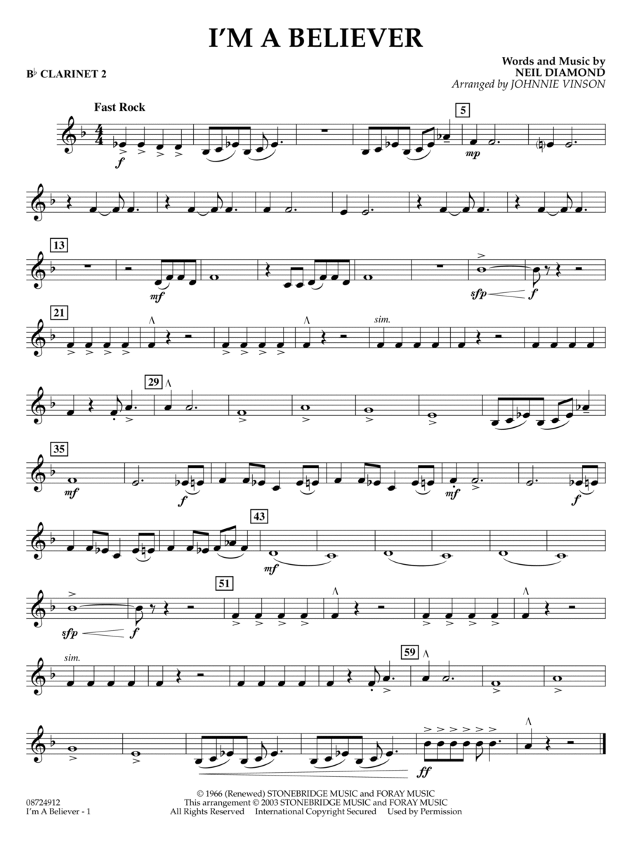 I'm a Believer (arr. Johnnie Vinson) - Bb Clarinet 2 Concert Band scores gallery preview page 1