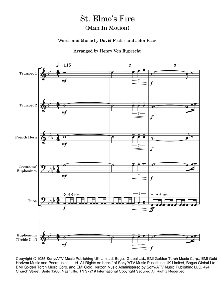 St. Elmo's Fire (man In Motion) Euphonium scores gallery preview page 1