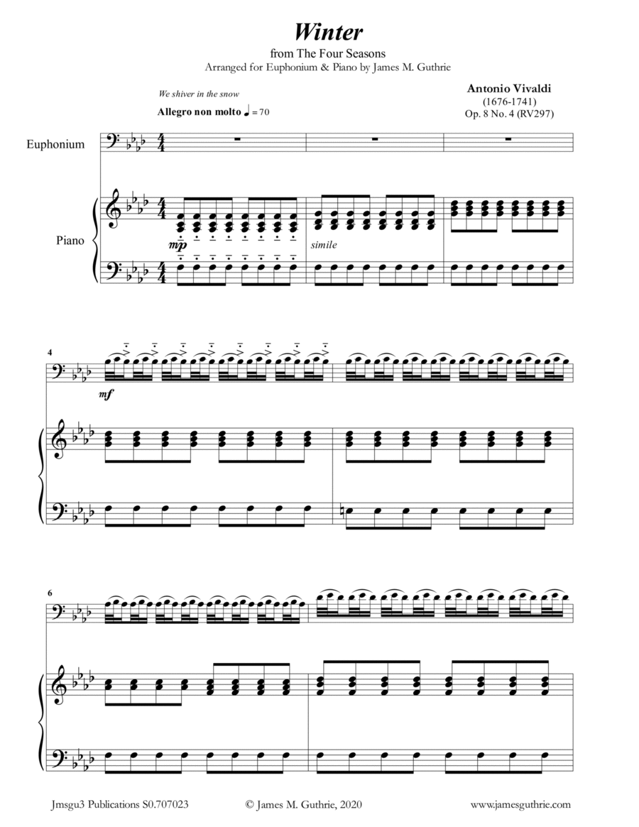 Vivaldi: Winter from the Four Seasons for Euphonium & Piano Vivaldi: Winter from the Four Seasons for Euphonium & Piano Euphonium scores gallery preview page 1