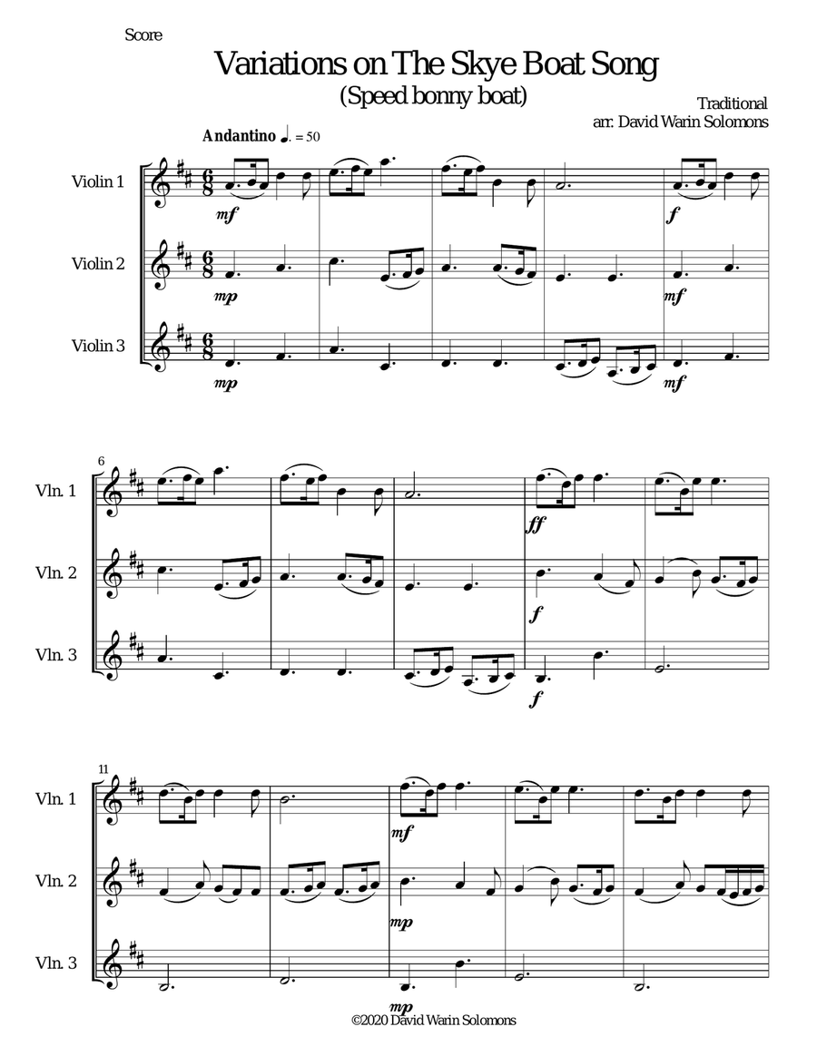 Variations on The Skye Boat Song (Speed bonnie boat) for violin trio String Trio scores gallery preview page 1