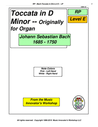 Bach - Toccata in D Minor - Level E - Arr. for Piano - (Key Map Tablature)