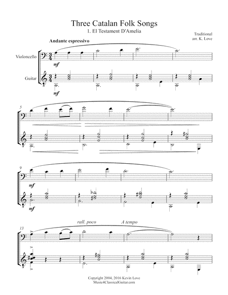 Three Catalan Folk Songs (Cello and Guitar) - Score and Parts image number null