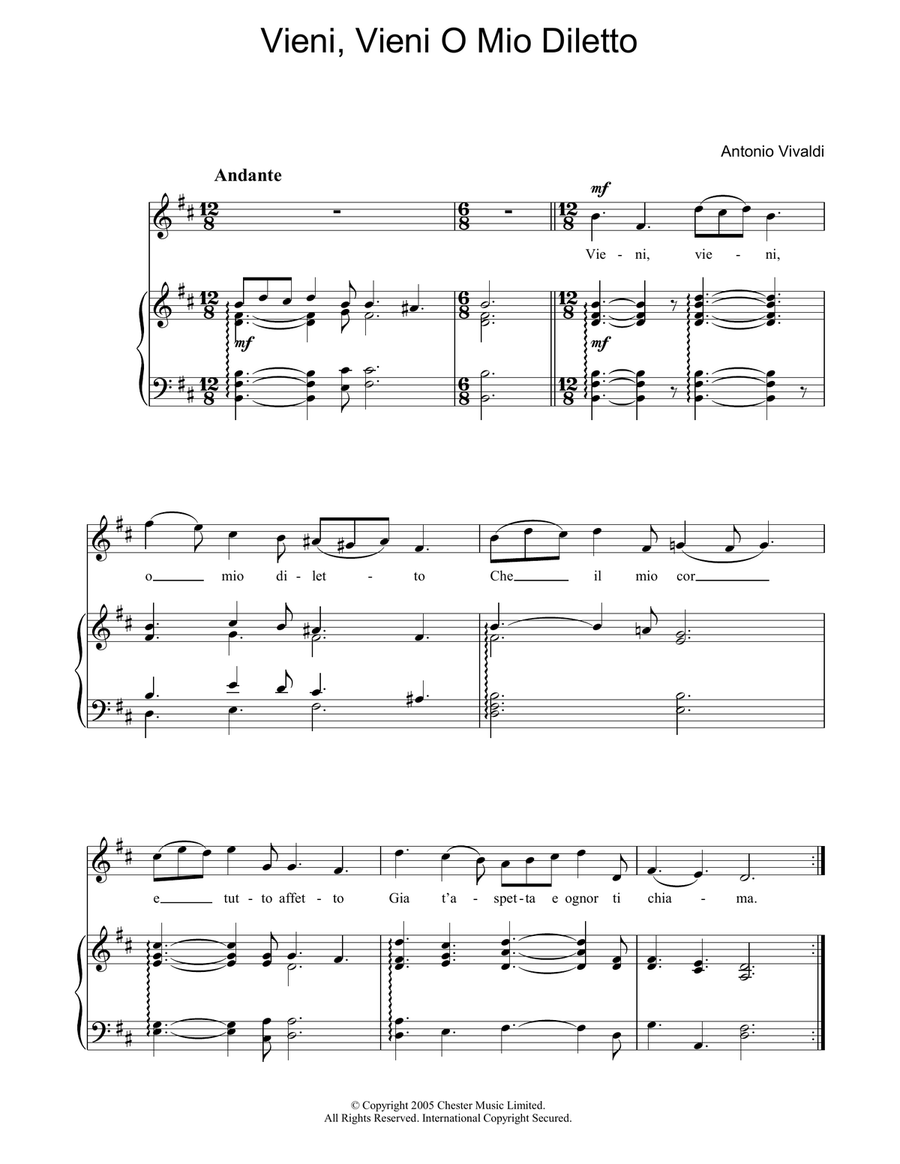 Vieni, Vieni O Mio Diletto Easy Piano scores gallery preview page 1