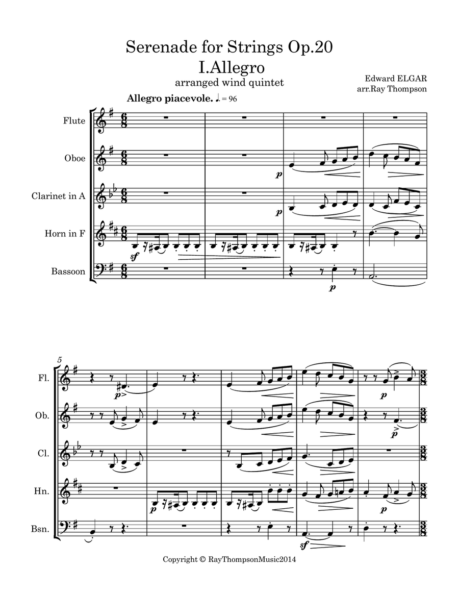 Elgar: Serenade for Strings Op.20 Mvt.1 Allegro - wind quintet Woodwind Quintet scores gallery preview page 2