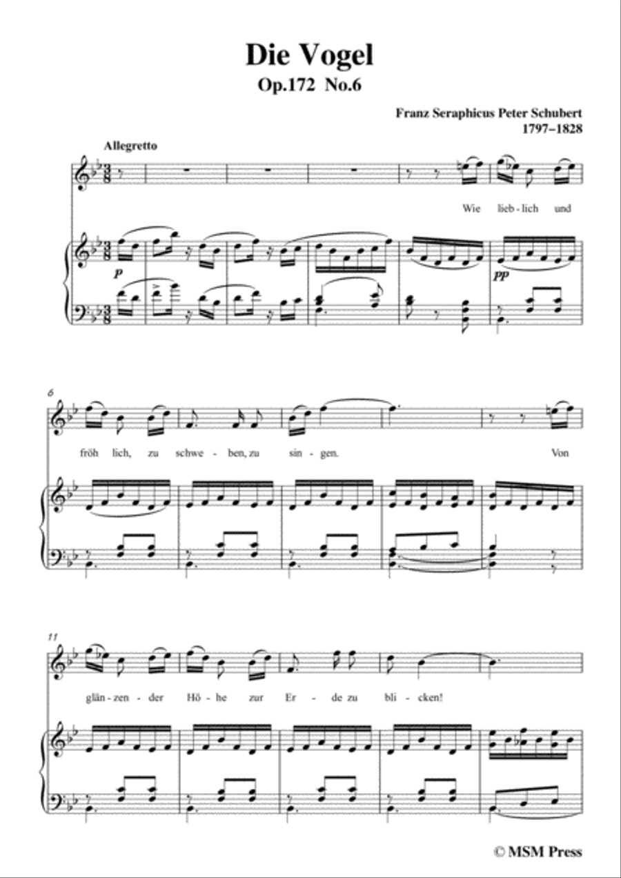 Schubert-Die Vogel,Op.172 No.6,in B flat Major,for Voice&Piano Voice scores gallery preview page 3