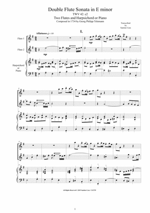 Book cover for Telemann - Double Flute Sonata in E minor TWV 42-e2 for Two Flutes and Harpsichord or Piano