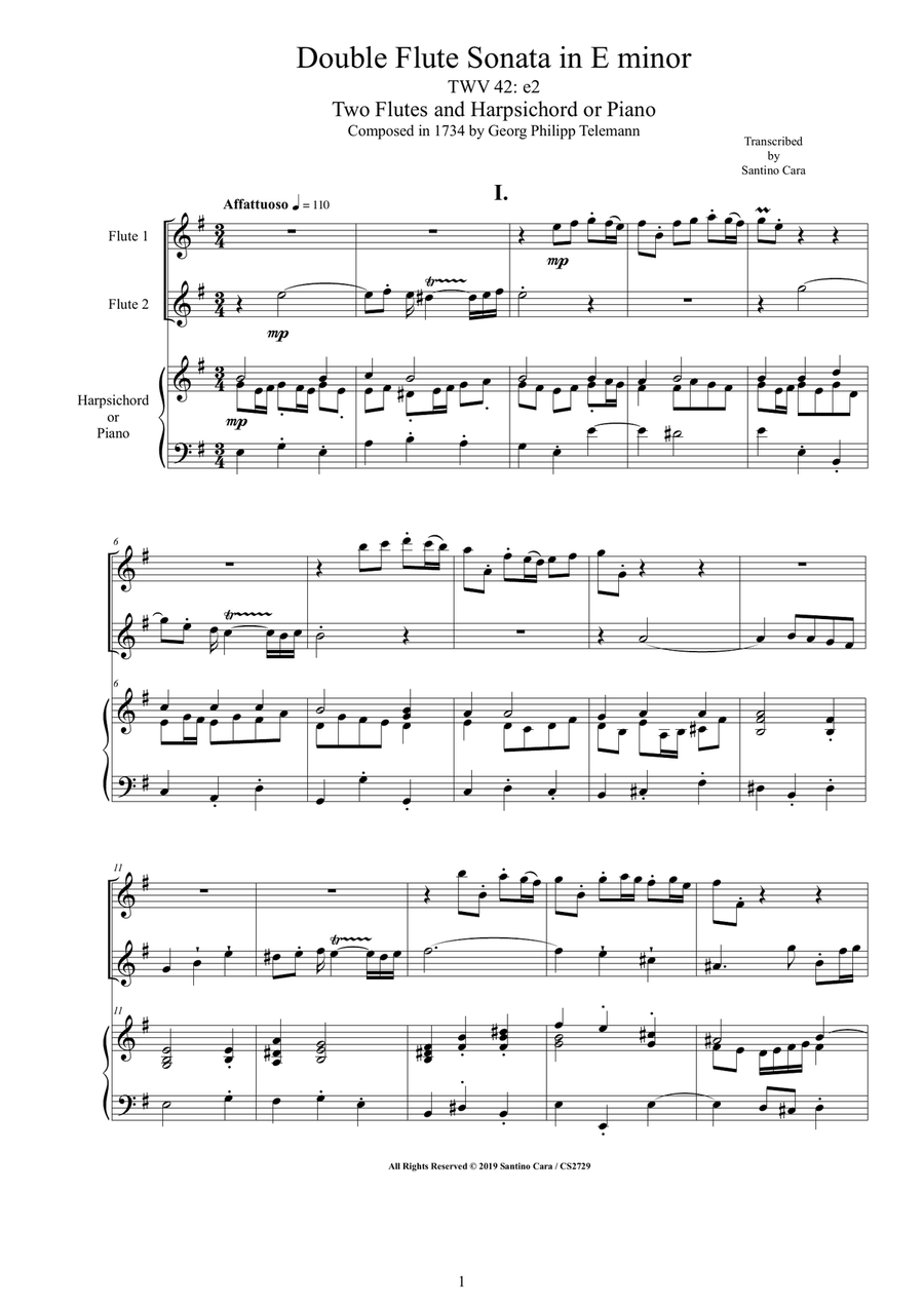 Book cover for Telemann - Double Flute Sonata in E minor TWV 42-e2 for Two Flutes and Harpsichord or Piano