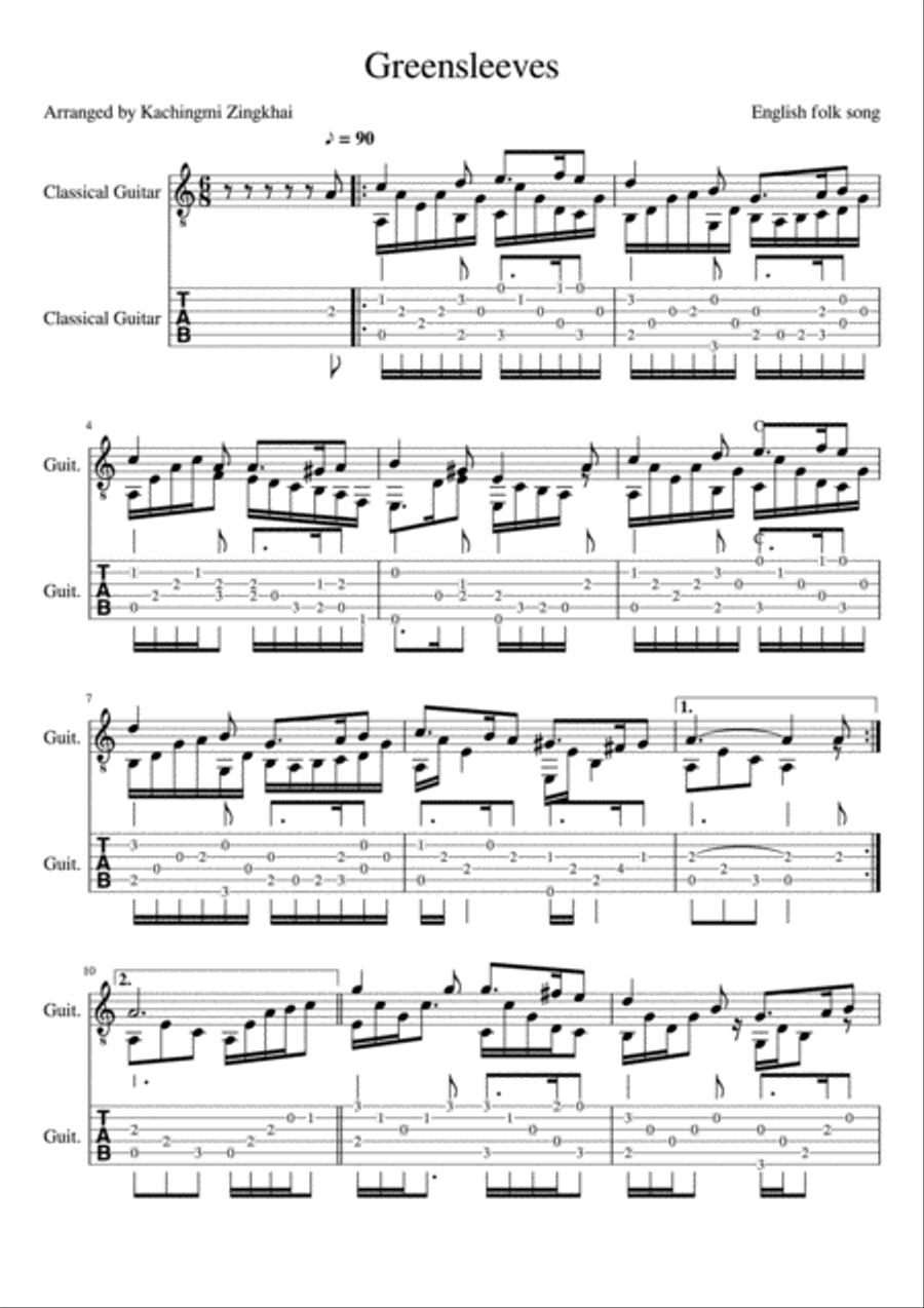 Greensleeves (fingerstyle guitar) tab + sheet music Classical Guitar scores gallery preview page 1