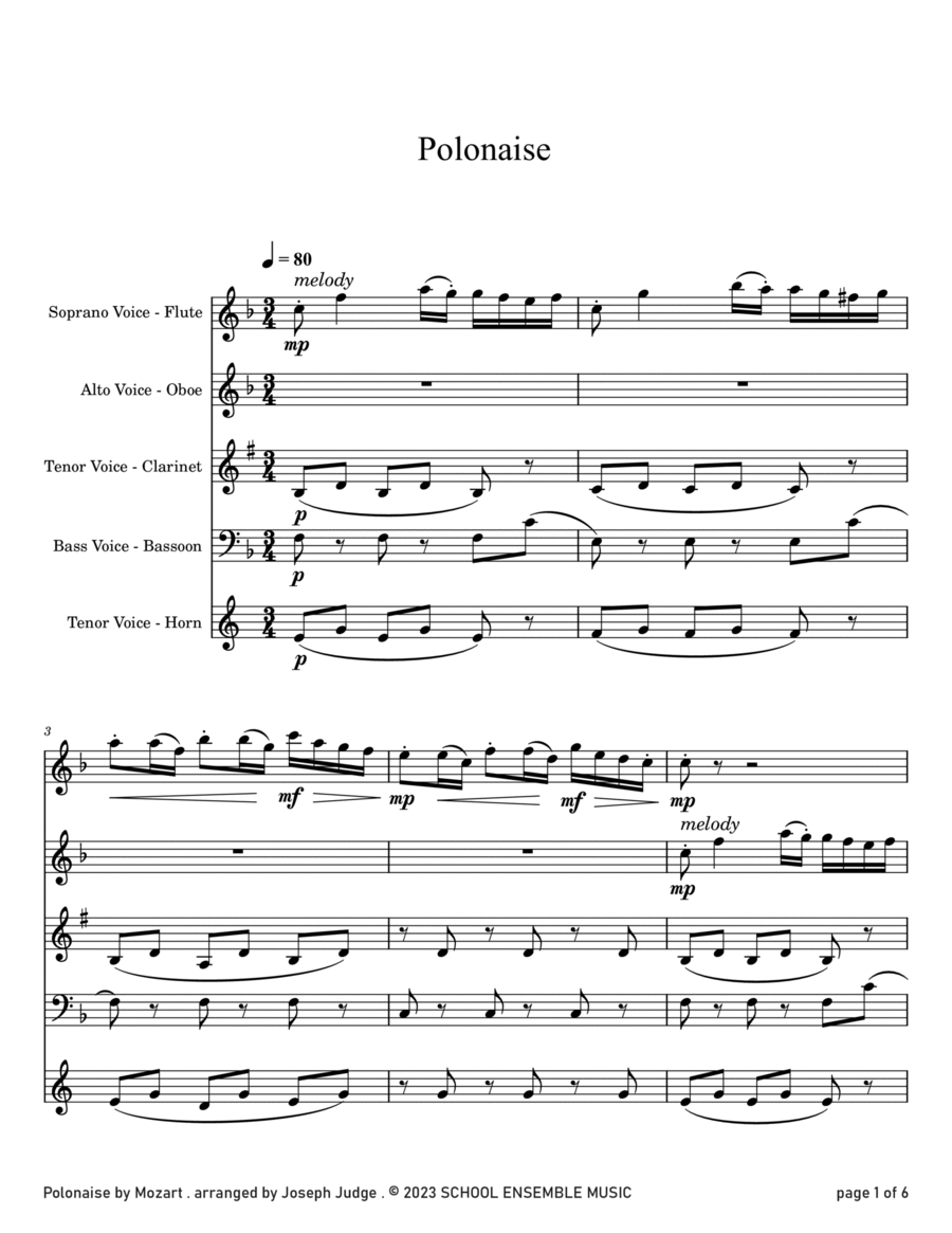 Polonaise by Mozart for Woodwind Quartet in Schools Woodwind Quartet scores gallery preview page 1