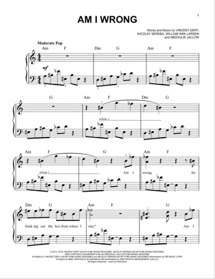 Am I Wrong Easy Piano scores gallery preview page 1