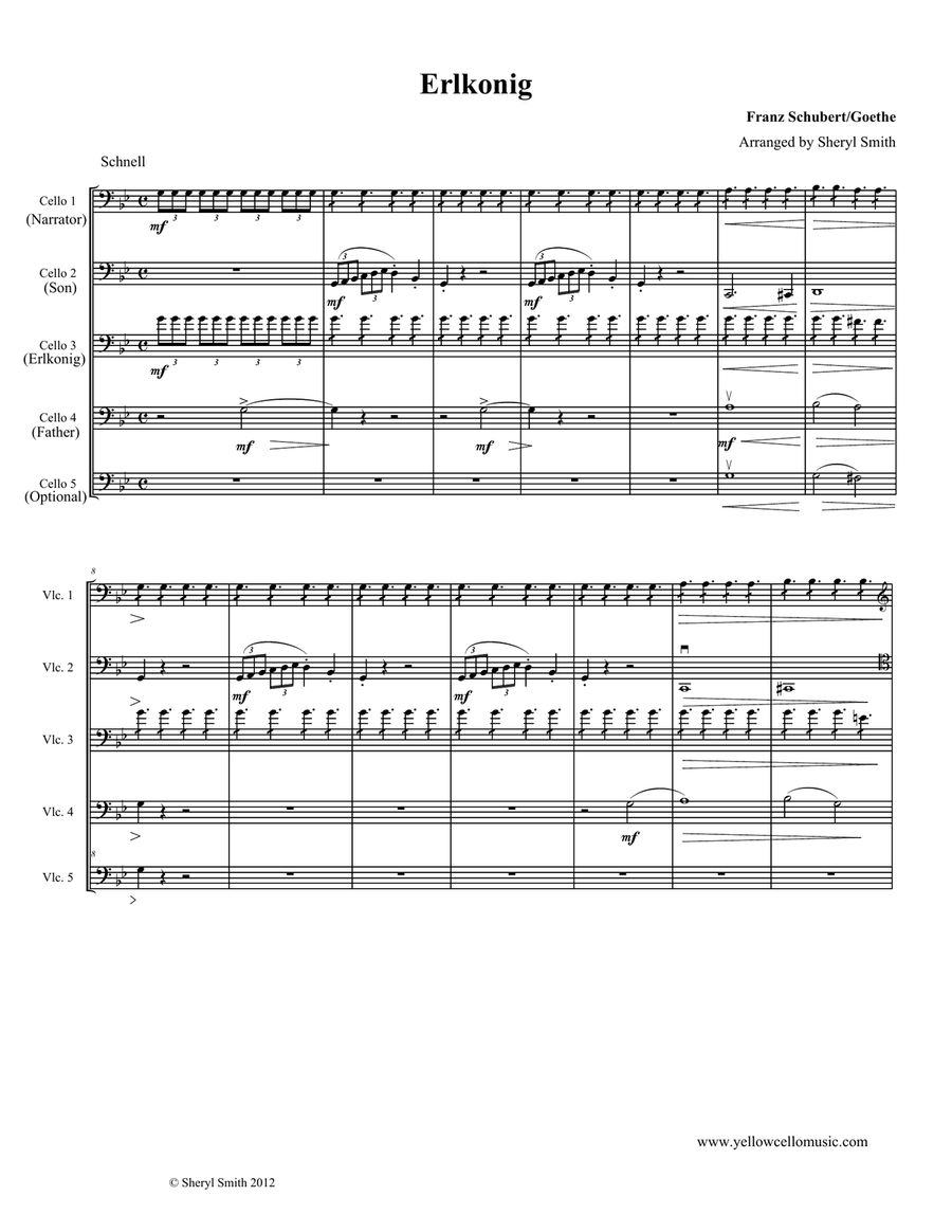 Schubert's Erlkonig for four or five cellos (cello quartet / quintet) String Orchestra scores gallery preview page 1