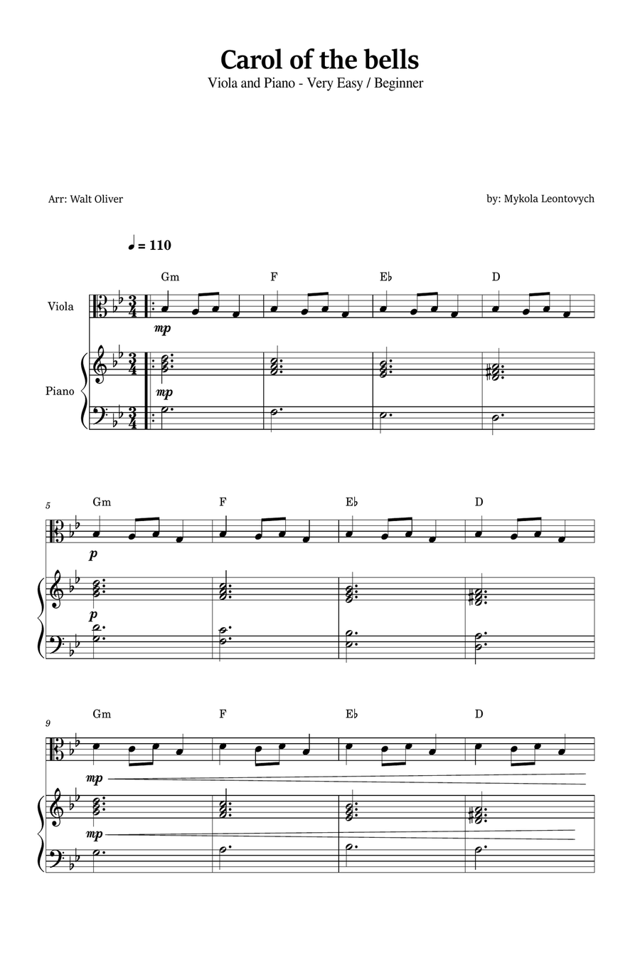 Carol of the Bells for Viola and Piano (Very Easy - Beginner) in G minor - With Chords Piano scores gallery preview page 1