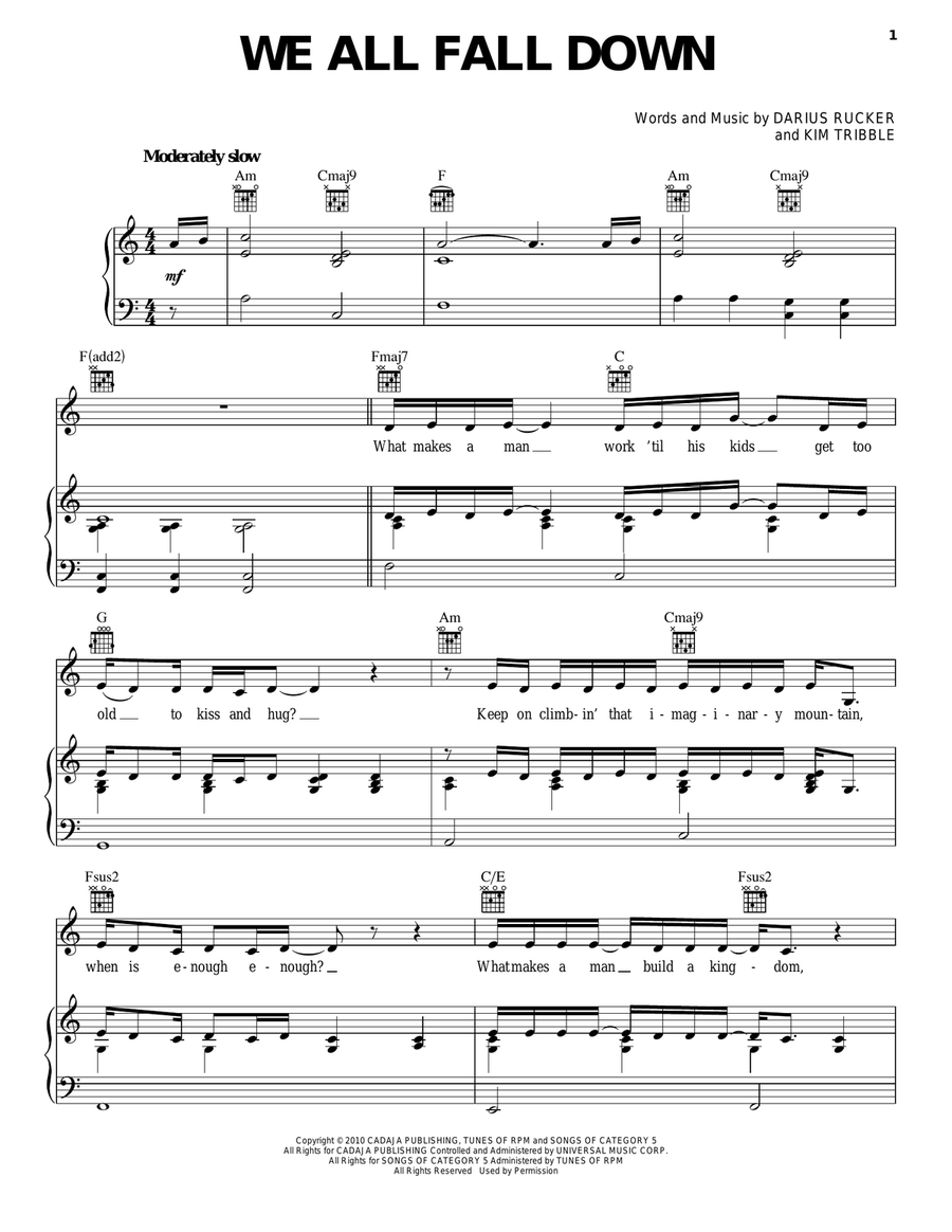We All Fall Down Piano, Vocal, Guitar scores gallery preview page 1