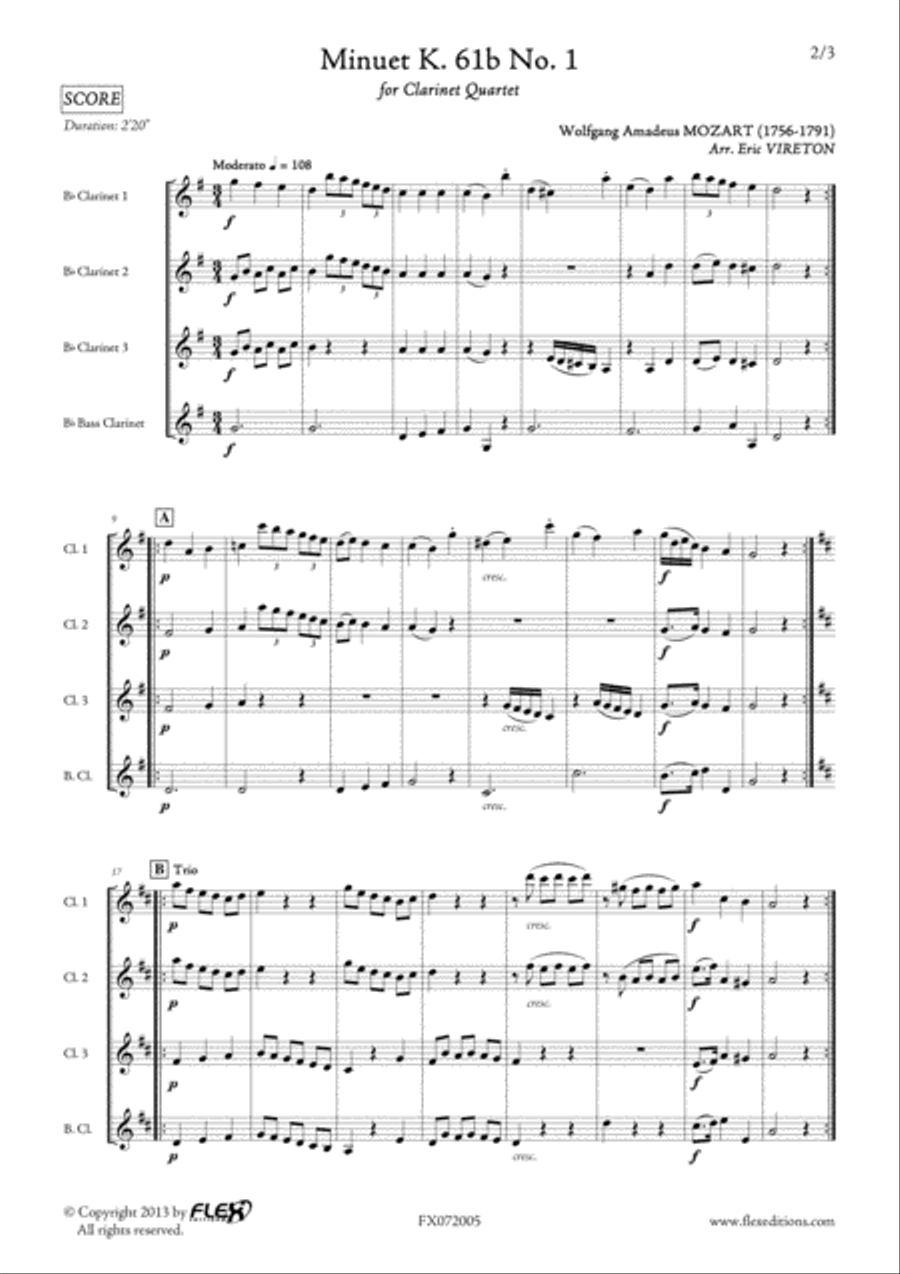 Minuet K. 61b No. 1 Clarinet Quartet scores gallery preview page 2