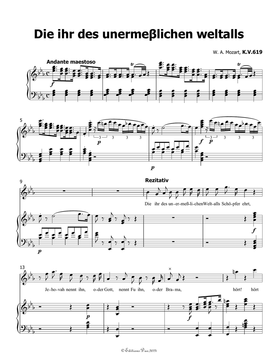 Die ihr des unermeβlichen weltalls, by Mozart, K.V.619, in E flat Major Piano, Vocal scores gallery preview page 3